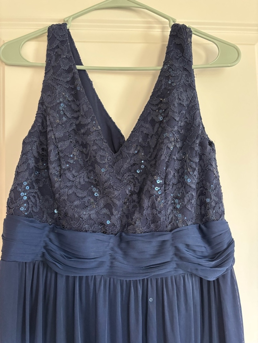 Navy Lace & Sequin V-Neck Evening Dress